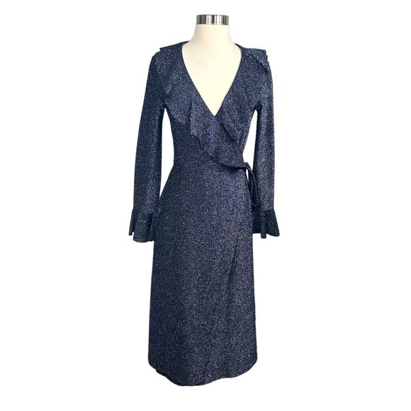 Free People One More Time Lurex Wrap Dress in Navy - Picture 3 of 15